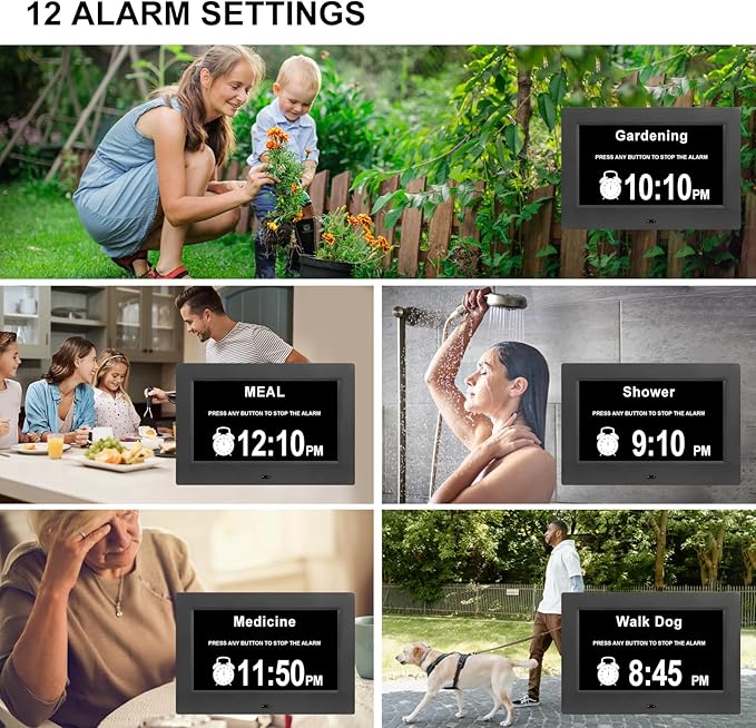 Black Clock with Day and Date for Elderly Dementia Patients-Large Number Digital Clocks for Seniors-Digital Calendar Day Clock for Seniors Large with 12 Alarms, Auto Dimming