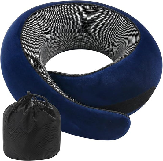 Badink® Memory Foam Neck Travel Pillow, Neck Pillow Airplane with MagicStrap – Adjustable Ergonomic Travel Pillow for Office/Airplane/Car, Washable Cover, Portable Cervical Support (darkblue)