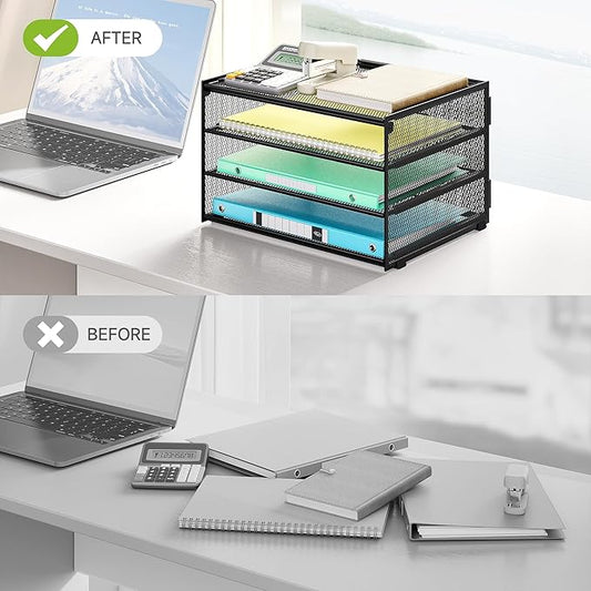 Lavatino 3-Tier Letter Tray Desk Paper Organizer – Black Mesh Metal File Tray Organizer for Desk, Office Supplies & Home Organization | Fits A4/Letter Paper, Mail, Magazines and Office Accessories