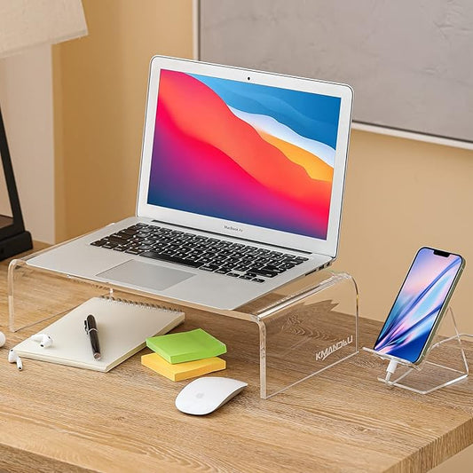 Premium Acrylic Monitor Stand | Clear Laptop Riser for Desk, Office and Home | Computer Stand for TV, Printer, and More | 16" L x 8" W x 4" H with Bonus Phone Stand