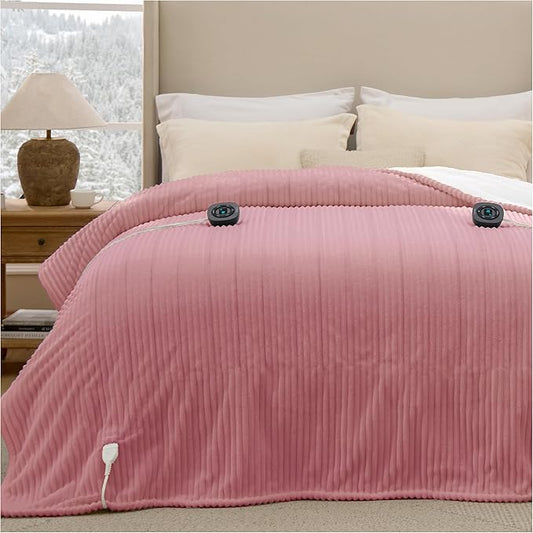 Bedsure GentleSoft Electric Blanket Queen Size - Soft Ribbed Flannel Heated Blanket with Dual Control, Heating with 10 Heat Settings, 10 Time Settings, 8 hrs Timer Auto Shut Off (84"x90", Bridal Rose)