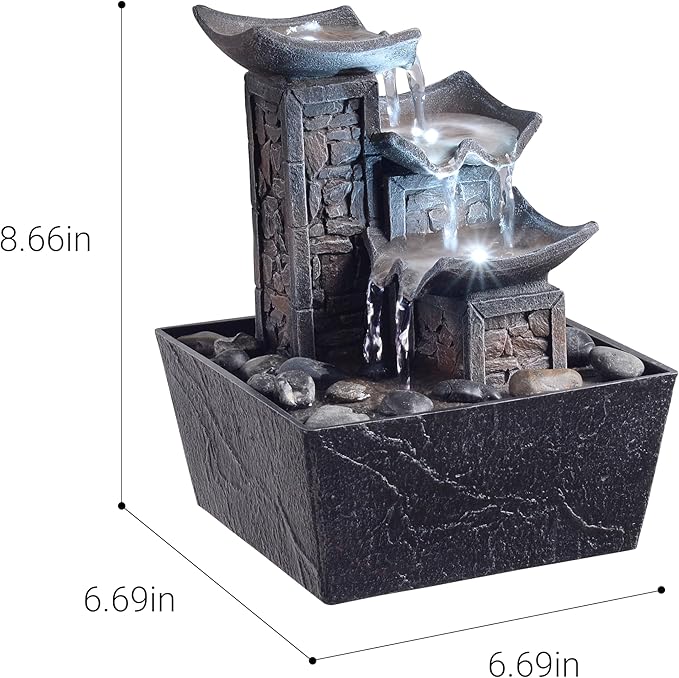 Tabletop Fountain Indoor Waterfall – 3-Tier Black Zen Decor with Pebble Base, White LED Light, Water Pump & On/Off Switch – Desktop Feng Shui Relaxation Gift for Home or Office (21110B)