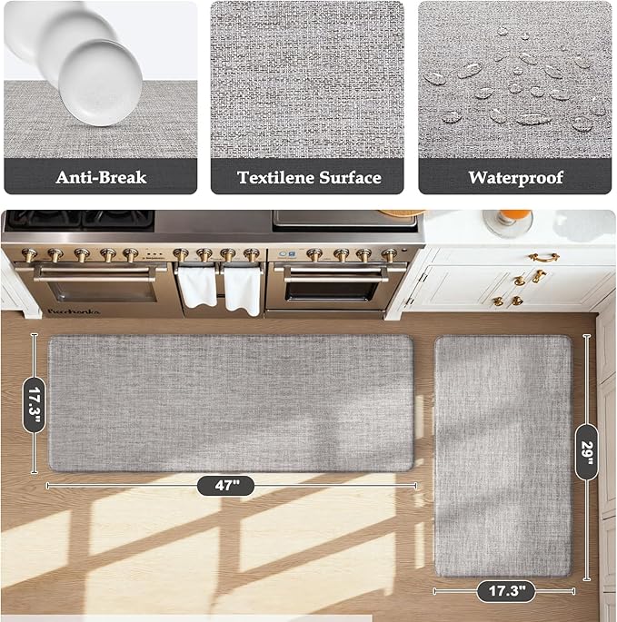 KIMODE Anti Fatigue Kitchen Mat for Floor 17"x47"+17"x29", Farmhouse Kitchen Floor Mats Non Slip, Apricot Textilene Rugs for Kitchen Floor,Memory Foam Standing Mat for Laundry Office Sink Desk
