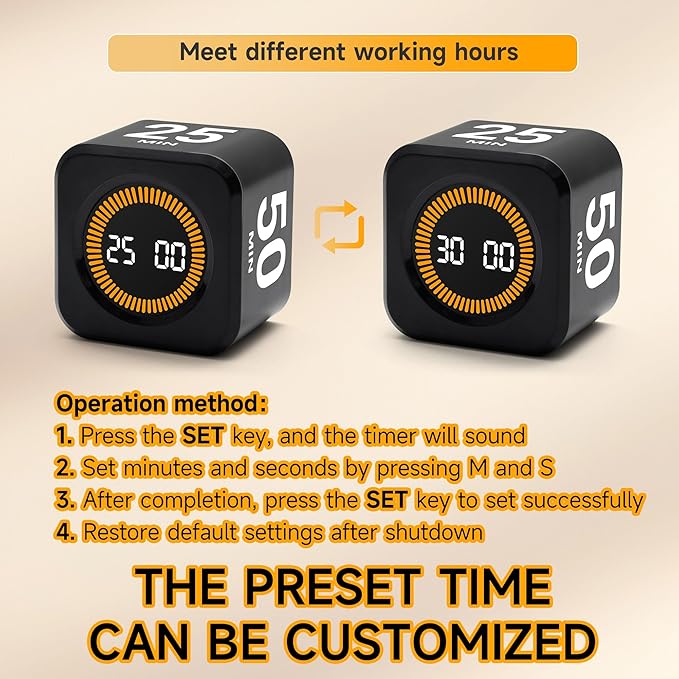 Visual Productivity Timer 5, 10, 25, 50 Minutes Preset, Desk Cube with Gravity Sensor for ADHD, Mute Functions, Ideal for Work, Study, Kitchen, Back to School(1, Black)