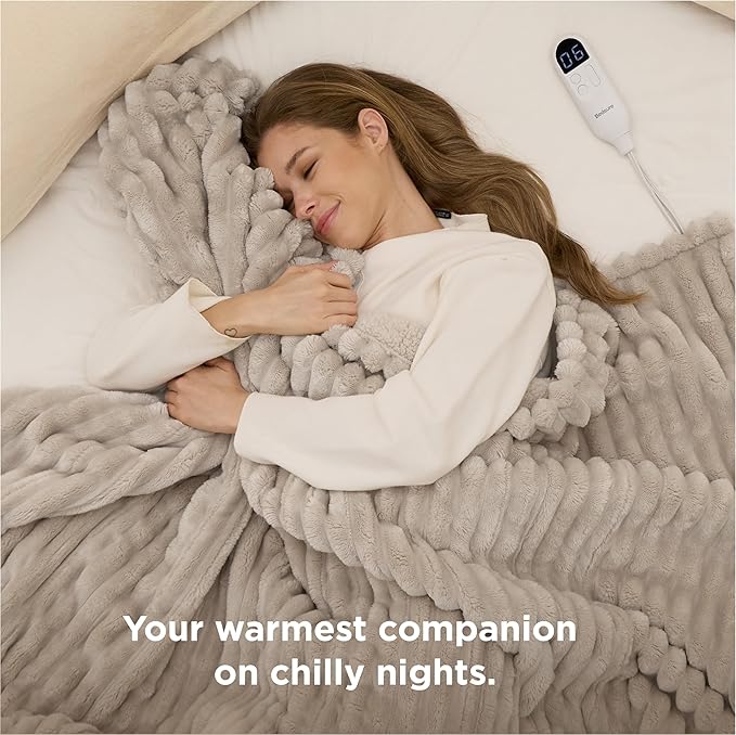 Bedsure Electric Blanket Full Size - Thick Striped Flannel Heated Blanket with 6 Heat Settings, 10 Time Settings, 8-Hour Timer Auto Shut Off, Gifts for Grandma (72x84 inches, Linen)