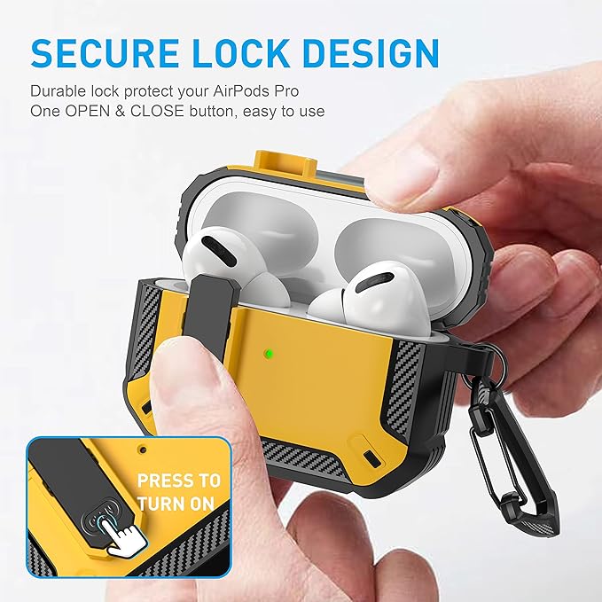 Maxjoy for AirPods Pro Case Cover with Lock, AirPods Pro 1st Generation Case for Men Military Rugged Protective Cover with Keychain Compatible with Apple AirPod Pros 2019 Front LED Visible, Yellow