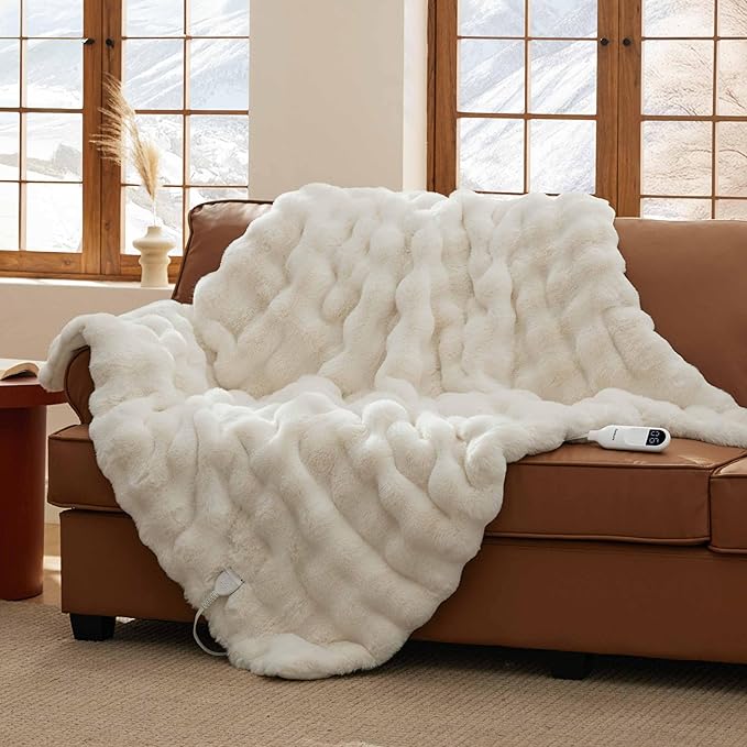 Bedsure Fluffy Bubble Faux Fur Heated Blanket Throw - Super Soft Electric Blanket, Heating with 6 Heating Levels, 4 Time Settings, 3-Hour Auto-Off, Decor Gifts for Home, White, 50x60 inches