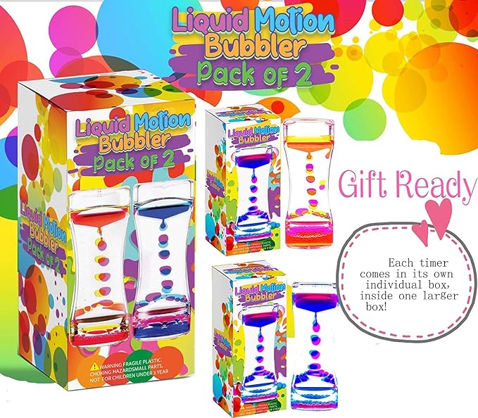 Liquid Motion Bubbler Sensory Timer, 2 Minute – Big Calming Sensory Bubble Toy for Kids with Autism ADHD Anxiety or Special Needs (2 Pack)