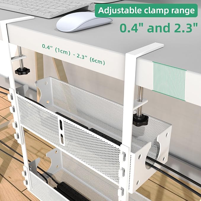 Multi-Model Under Desk Cable Management Tray 2 Packs Metal Under Desk Wire Management Clamp Mount Under Table Cord Management No Damage The Desk (White)