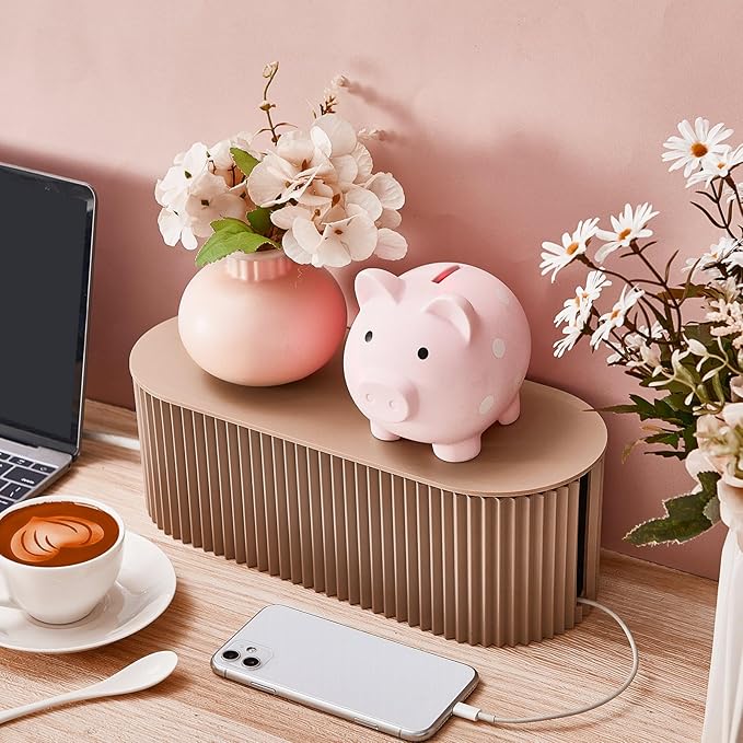 Marsui 2 Pcs Cable Management Box Cord Hider Organizer with 46 Pcs Cable Management Kit Wire Box for Power Strips Surge Protectors Desk TV Computer Wires Home Office(Light Coffee)