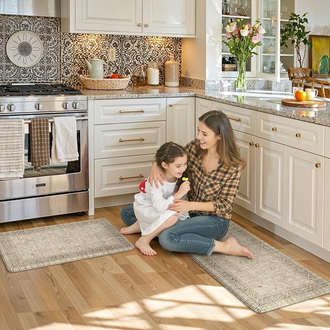 KIMODE Farmhouse Anti Fatigue Kitchen Mat,Vintage Brown Kitchen Rugs Sets of 2,Non Slip Waterproof Kitchen Floor Mats,Ergonomic Cushioned Comfort Standing Mat for Laundry,Office, Sink,Desk