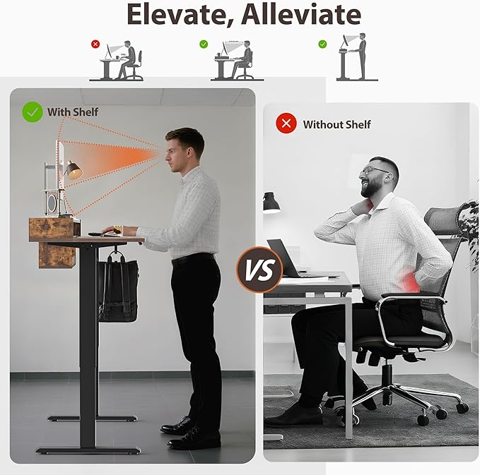 Agilestic Glass Standing Desk with Storage, 48 Inch Electric Adjustable Desk with Glass Shelf and Cable Management, Sit Stand Up Home Office Computer Table, Splice Board, Rustic Brown