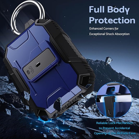DASFOND Armor Earphone Cover Case for Airpods Pro 2, Military Grade Full Body Shockproof Protection Hard Case, Support Wireless Charging with Keychain, Magnetic Lid, Front LED Visible, Blue