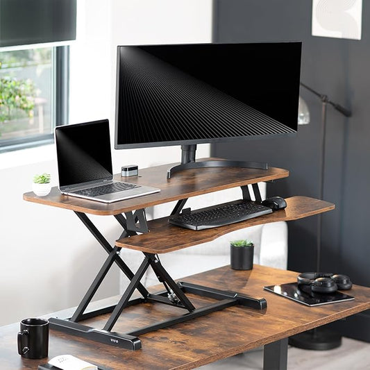 VIVO 42 inch Desk Converter, K Series, Height Adjustable Sit to Stand Riser, Dual Monitor and Laptop Workstation with Wide Keyboard Tray, Rustic Vintage Brown Top, Black Frame, DESK-V042KN