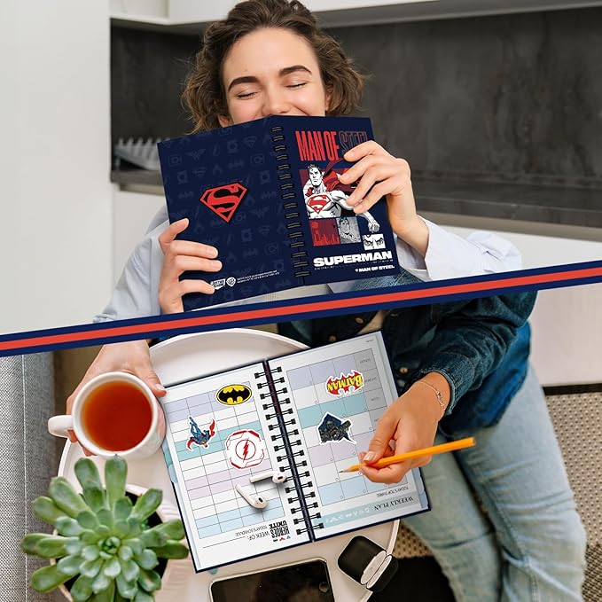 Hardcover Spiral Notebook Journal with 12 Dividers Tabs Weekly&Monthly Planner Productivity Journal Superhero Theme Leather Organizer for Work School Adults Teens and Professionals (SUPERM-REDBLACK)