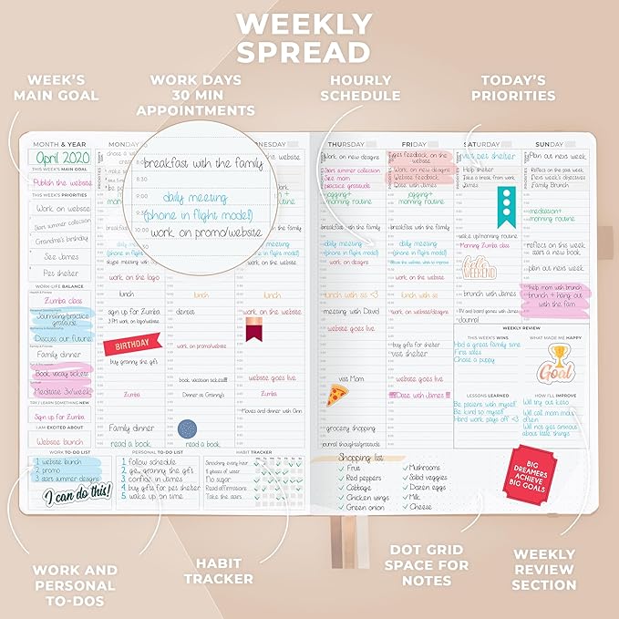 Clever Fox Planner PRO Schedule – Undated Weekly & Monthly Life Planner with Time Slots, Appointment Book & Daily Organizer, A4 (Seashell)