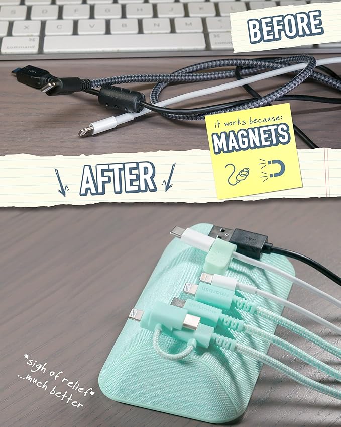 Smartish® Magnetic Cord Holder - Bigger Cable Wrangler Organizer with Magnet Clips for Charger Management on Desktop, Nightstand, or Side Table - Holds 6+ Cables - Teal Me More
