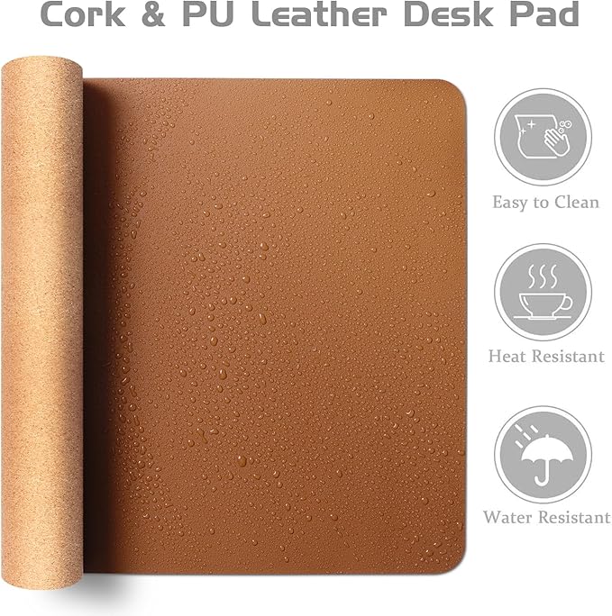 Aothia Double-Sided Desk Pad, Leather Desk Mat, Eco Cork Desk Pad Protector, Large Mouse Pad for Desk, Waterproof Desk Blotter Pad, Writing Pad for Office/Home(23.6""x13.7"",Brown), Brown+cork