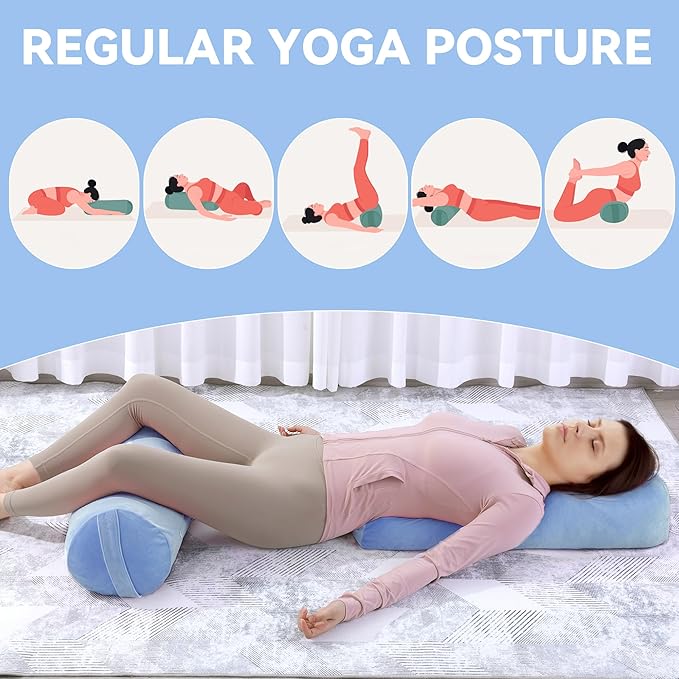 ROYALAY 2 Pcs Yoga Bolster Pillow for Restorative Yoga, Rectangular and Cylinder Meditation Pillow Set with Carrying Handles, Supportive Cushion for Exercise Workout Stretching Meditation,Sky Blue