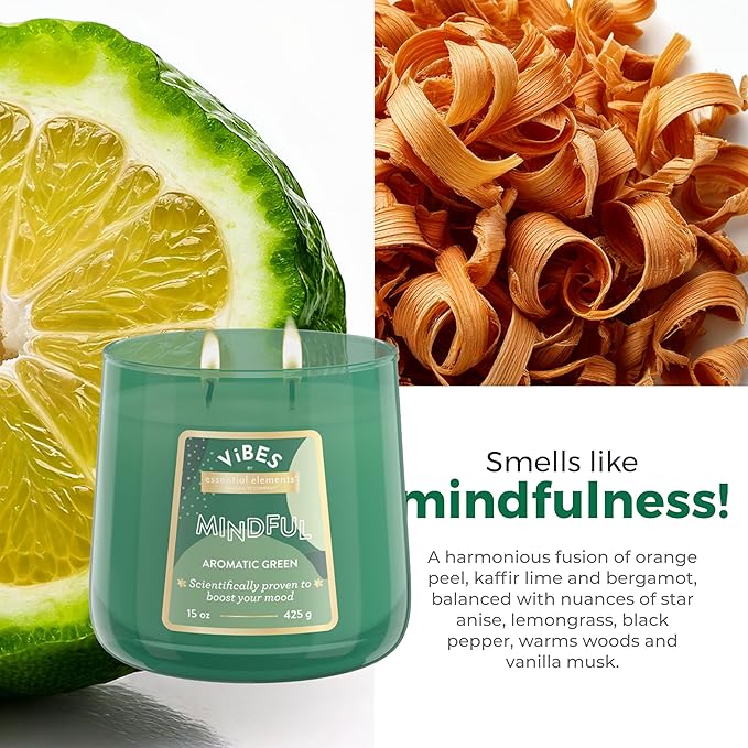 Candle-Lite Vibes Aromatic Green Mood-Enhancing Scented Candles, 15 oz Jar, Aromatherapy, Proudly Poured in The USA, 2-Wick, 86 Hours Burn Time, Perfect Relaxation Gift