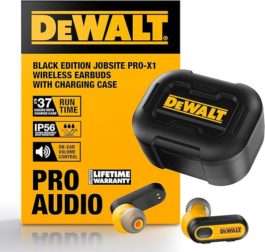 DEWALT Heavy Duty True Wireless Ear Buds, Bluetooth Headphones with Type C Charging Case Included, 37 Hours of Battery Life, Easy Setup for iPhone, Perfect for Jobsite, Outdoor Work - Black Edition