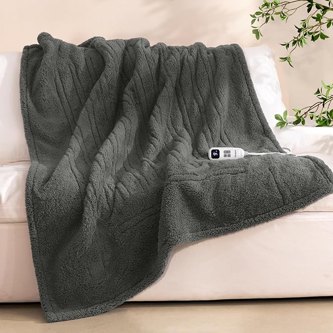 Electric Heated Blanket Full Size 72x84 inches, Fast Heating w/ 10 Heat Settings & 2/4/8/10H Auto Timer, Double-Sided Sherpa, Ultra Soft & Cozy for Couch, Bed, Office, Machine Washable, Grey
