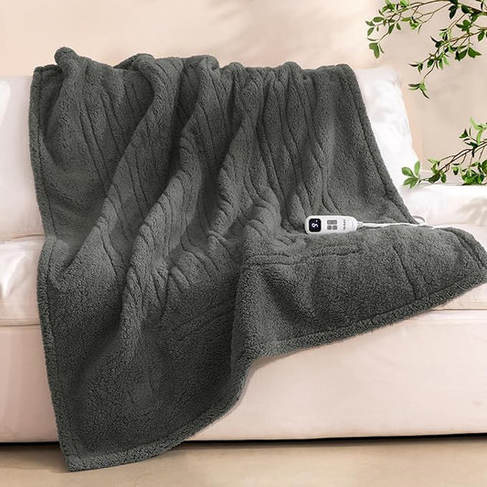 Electric Heated Blanket Twin 62x84 inches, Fast Heating w/ 10 Heat Settings & 2/4/8/10H Auto Timer, Double-Sided Sherpa, Ultra Soft & Cozy for Couch, Bed, Office, Machine Washable, Grey