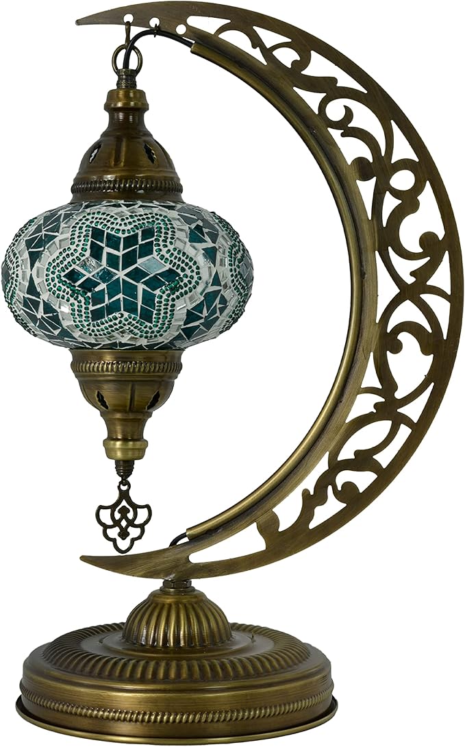 mozaist Turkish Stained Glass Luna Shape Table Lamp, Moroccan Crescent Tiffany Style Handmade Desk Light, Rustic Moon Living Room, Mosaic Lampshade Office Decorative Dim Lighting (Emerald Green)