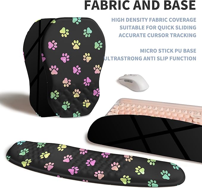 2-in-1 Ergonomic Set, Wave Keyboard Wrist Rest and Massage Slope Mouse Pad Wrist Support, Rebound Memory Foam for Relieve Carpal Tunnel Syndrome and Wrist Pain (Cute Cat Claws)