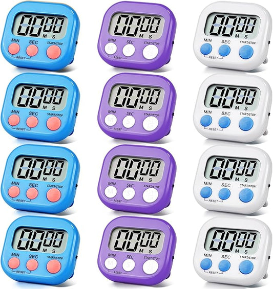 12 Pack Digital Kitchen Timer Magnetic Digital Timer with Big Display Loud Ring Cooking Timers for Kitchen Electronic Timer for Cooking, Bathing, Gym, Break Time, Classroom(12,White,Blue,Purple)