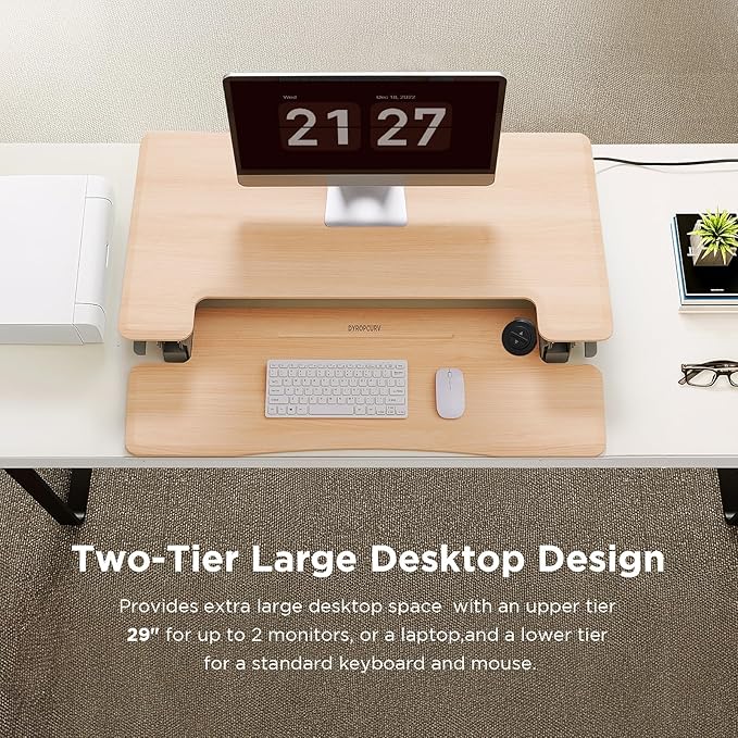 29" Electric Standing Desk Converter, Dyropcurv Series Height Adjustable Computer Desk Ergonomic Home Office Desk for Adults, Sit to Stand Desk with Quiet Motor, Light Wood