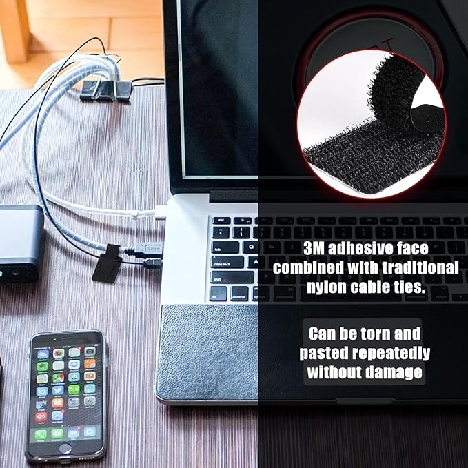 100pcs Hook and Loop Cable Ties, Sticky-Back Cable Straps, Cable Clip,Cord Organizer, Wire Management,Household & Office Essentials (Black)