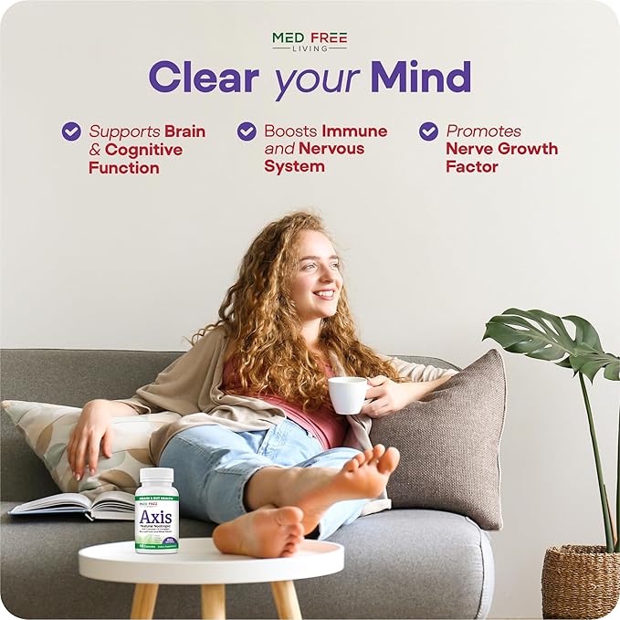 Axis Natural Brain Supplement with Curcumin C3 Complex, Bacopin, and Lion's Mane Extract - Brain & Gut Health Support, Focus, Energy, Stress Relief - 60 Capsules, All-Natural, Med Free Living (1)