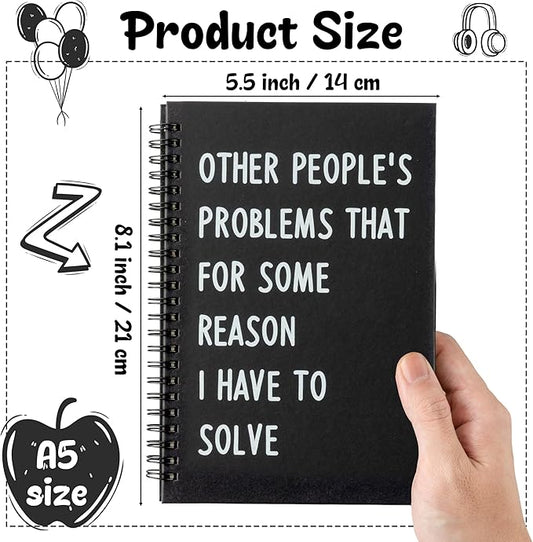 GioXtra Funny Office Notebook - 2Pcs SOLVE THINGS Humorous Work Quote A5 Spiral Notebook Black Hardcover Diary Notepad for Office Coworker White Elephant Gift College Student Gag Gift Birthday Favor