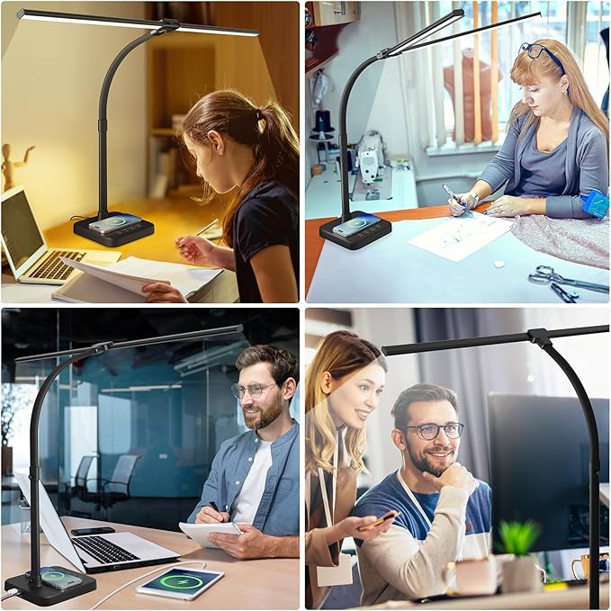 ShineTech LED Desk Lamp for Home Office, 24W Double Head Desk Light with Wireless Charging, USB Port, 25 Lighting Modes Adjustable Gooseneck Lamps