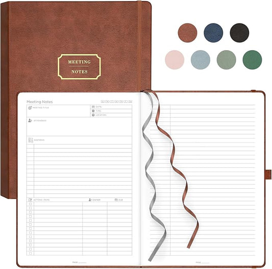 EMSHOI Meeting Notebook for Work with Action Items - 240 Pages A4 Large Project Planner Agenda Organizer Work Notebook for Women Men Office Business Notes, PU Leather Hardcover, 8.5" x 11", Coffee