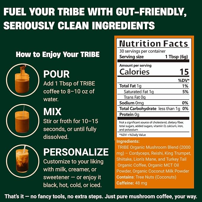 TRIBE 6 Mushroom Coffee + MCT Oil, Creamy Instant Barista Blend - Clean Daily Energy, Focus, Immune & Gut Support – 2000mg Adaptogenic Powder – USA-Grown - Lion’s Mane, Reishi, Turkey Tail – 30 Serv