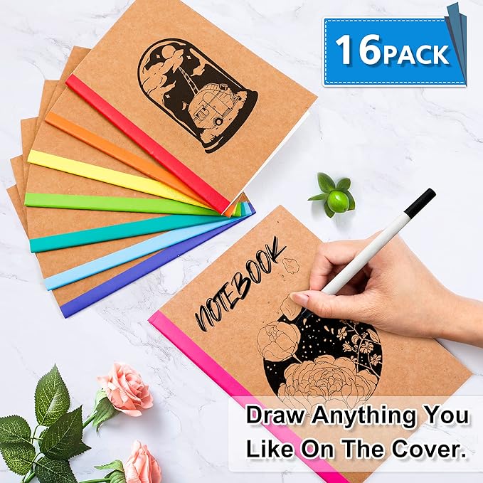feela 16 Pack Composition Notebooks Bulk, Kraft Cover Lined Blank College Ruled Composition Travel Journals with Rainbow Spines For Women Students Business, 60 Pages, 8.3”x 5.5”, A5, 8 Colors