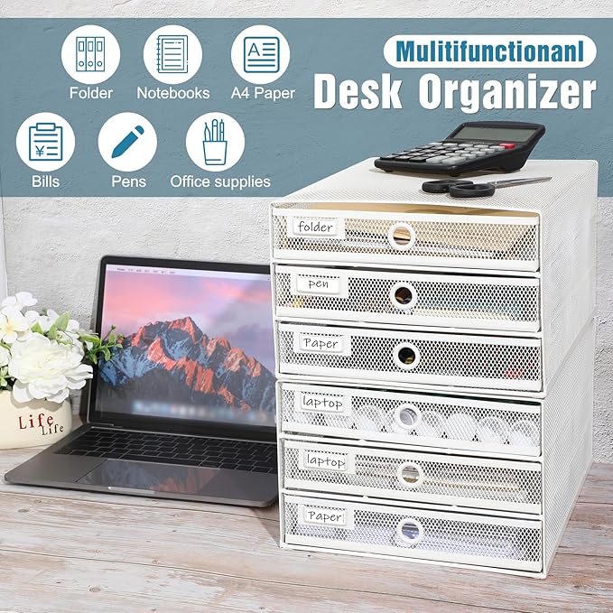 Zhanmai 2 Pcs Desk Organizer with Drawer Total 6 Tiers, Wire Mesh Organizers Tray Multifunctional Paper Sorter File Stand for Home Office Supplies Storage Letter A4 Paper Office Accessories(White)