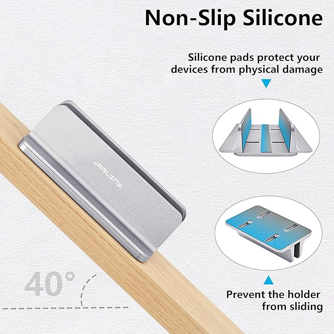 JARLINK Vertical Laptop Stand, Aluminum Laptop Holder Desktop Stand with Adjustable Dock Size (up to 17.3 inches) Compatible with All MacBook/Surface/Dell/Gaming Laptops (Silver)