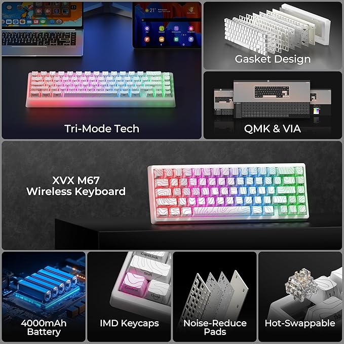 HITIME x XVX M67 Wireless 60% Percent Keyboard, QMK/VIA Topographic Gaming Keyboard, Tri-Mode Thocky Creamy Mechanical Key Board, Hot Swappable Gasket Mount RGB IMD Tech for Win/Mac(JadeStone)