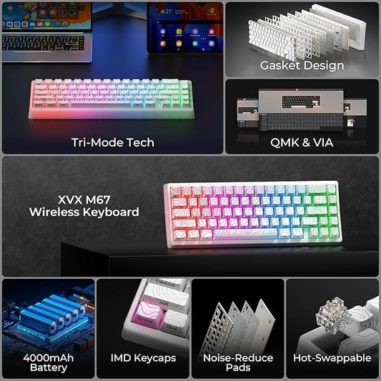 HITIME x XVX M67 Wireless 60% Percent Keyboard, QMK/VIA Topographic Gaming Keyboard, Tri-Mode Thocky Creamy Mechanical Key Board, Hot Swappable Gasket Mount RGB IMD Tech for Win/Mac(JadeStone)