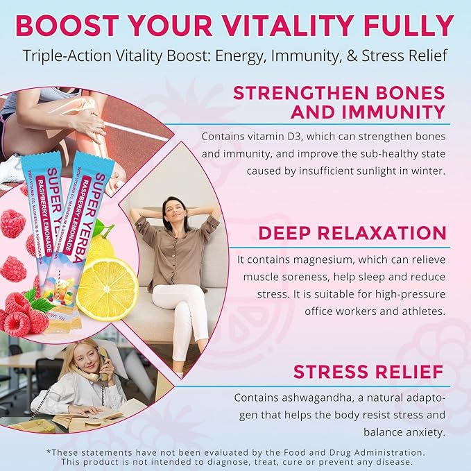 Super Yerba Mate, Yerba Mate Instant Tea Powder ，Low Sugar Content， Clean Energy & Focus Boost，Digestive Support with Antioxidants， Raspberry Lemonade Flavor (30 packs)