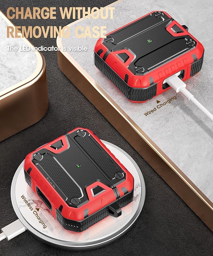 Koaichi Compatible with AirPods 3rd Generation Case(2021), Full-Body Rugged Hard Shell Protective Case Cover with Keychain Designed for AirPods 3 Case, Black/Red [US Patent Registered]