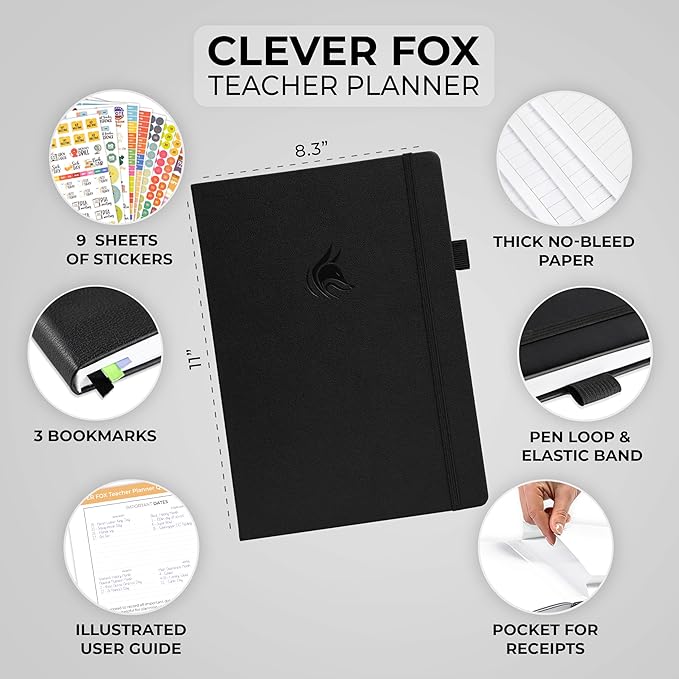 Clever Fox Teacher Planner – School Year Planner with Calendars & Lesson Plans – Book for Classroom & Homeschool Organization, A4 (Black)