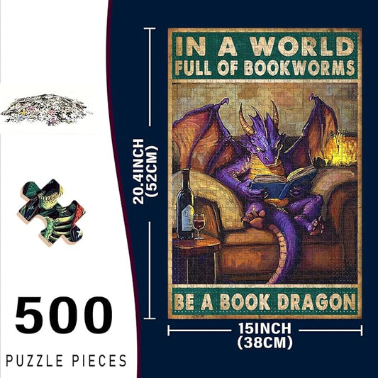 500 Piece Wooden Jigsaw Puzzle in a World Full of Bookworms Be a Book Dragon Adults Kids Challenging Game Educational Stress Relief Time Killer Perfect for Home Bar & Portable Travel 20.4x15 Inch