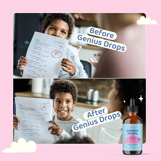 JoySpring Genius Drops - Organic Focus Drops for Kids | Clinically Proven Focus Supplement Helps Kids Perform Better in School | Liquid Herbal Supplement with Ginkgo Biloba (4 fl oz) 120 Servings