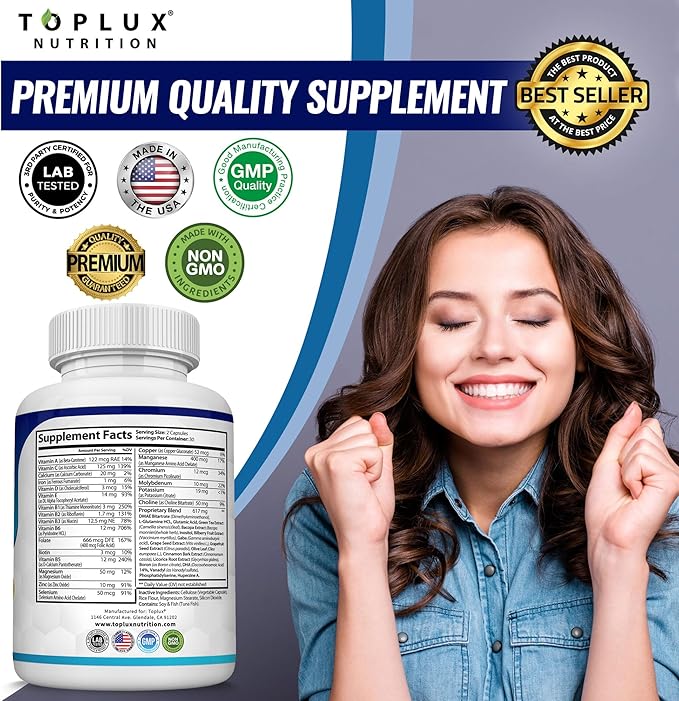 Toplux Brain Supplement Nootropic – Brain Pills Vitamin with DMAE, Bacopa Monnieri, L-Gutamine, for Men Women, 60 Capsules, Nutrition