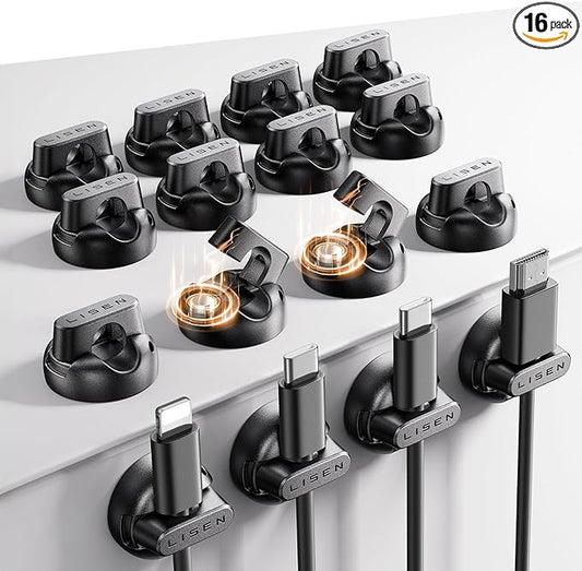 16-Pack Magnetic Cable Clips [1S Snap-On] Cord Holder, LISEN Office Desk Organizers and Accessories with 8 Extra Strong Adhesive Pads, Wire Organizer for Nightstand, Home, Wall, Car, Desktop