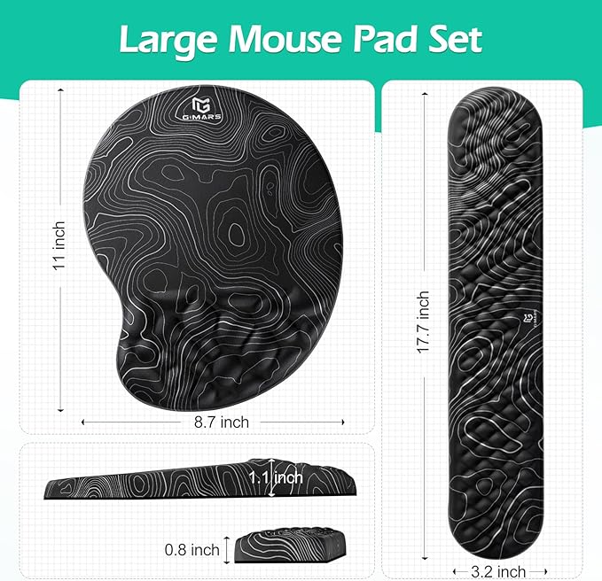 Gimars Upgrade Ergonomic Ultra-Soft Foam Keyboard Mouse Pad Wrist Rest Set, Smooth &Enlarge Wrist Support for Pain Relief, Computer, Laptop, Mac, Gaming, Office